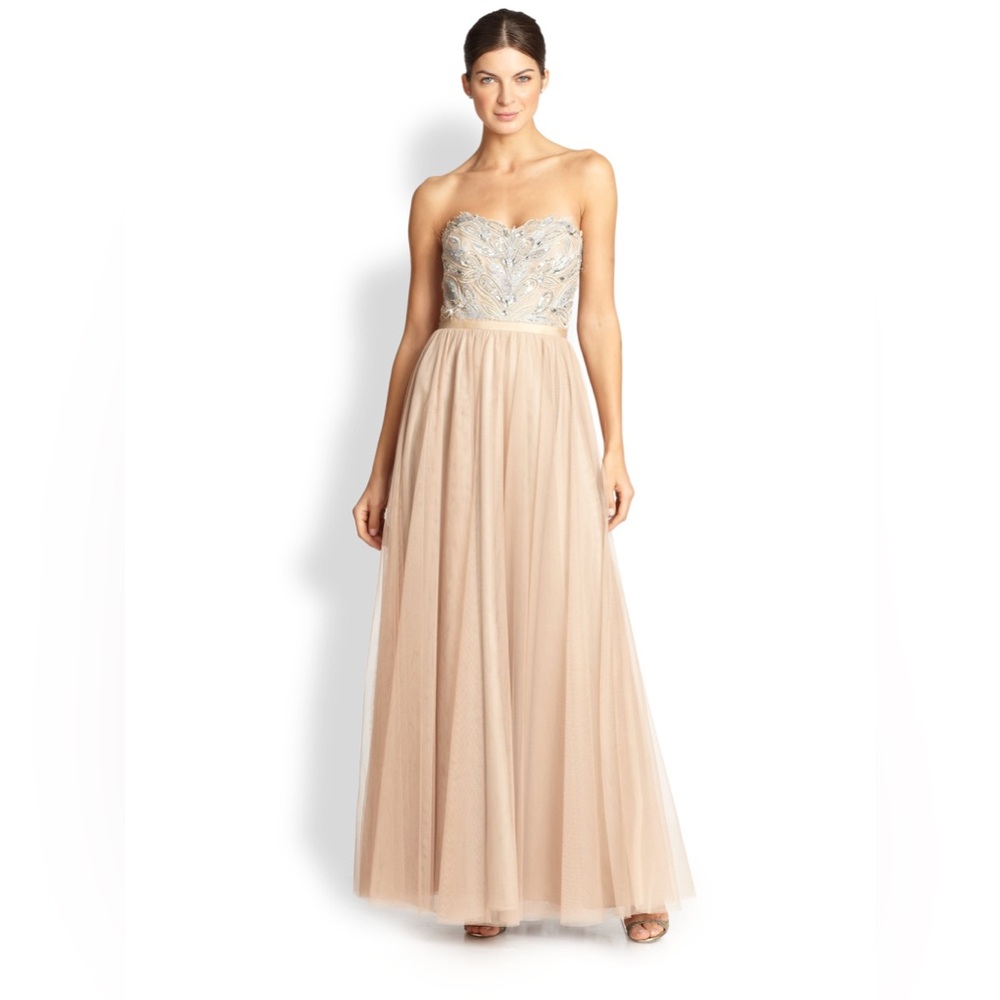 Aidan Mattox Strapless Gold and Tan Gown Beaded with Tulle Skirt Size 4 EUC